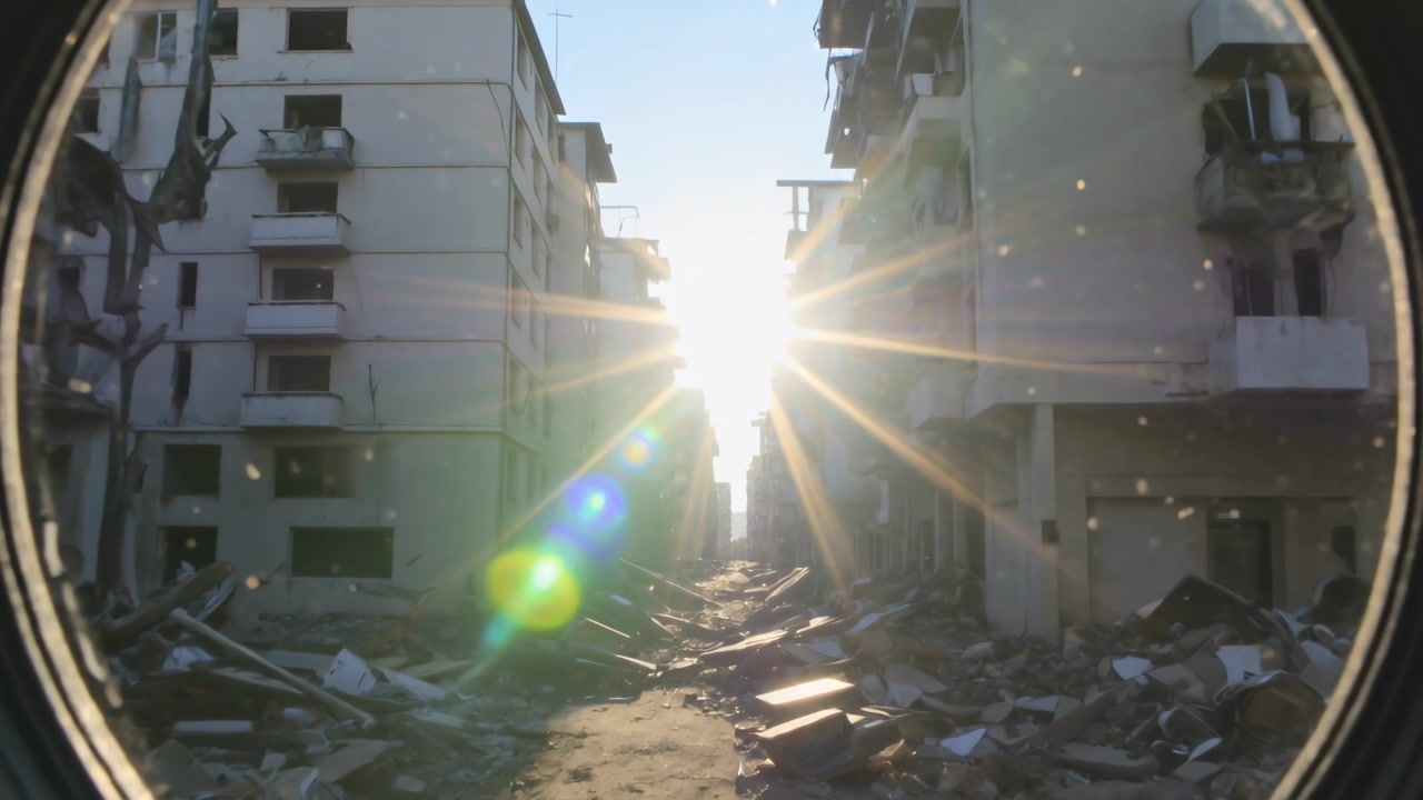 Telecamera in movimento che mostra un vicolo in rovina tra i blocchi, con l'apertura che inquadra un raggio di sole, catturando un bagliore.