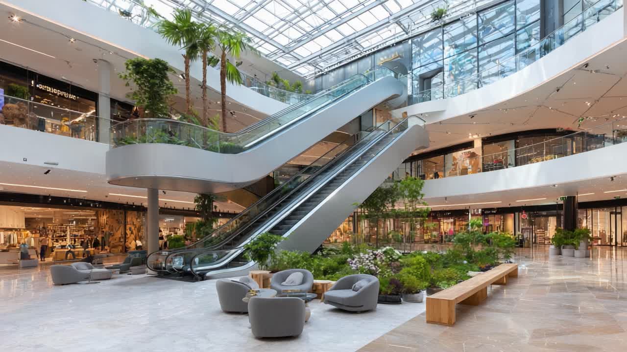 A Contemporary Shopping Mall Interior Showcasing Modern Design Features, A Triumphant Blend of Greenery and Luxury with Escalators and Open Spaces