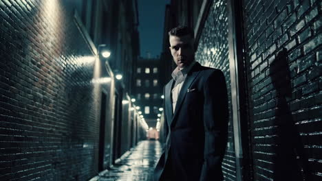 man in a suit walking down a dark alley at night