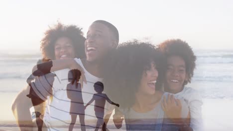 Composite-of-happy-african-american-family-piggybacking,-and-walking-on-beach