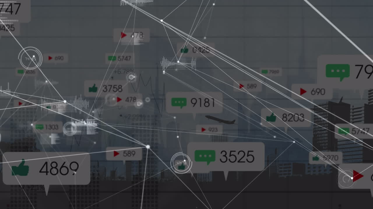소셜 미디어 아이콘의 애니메이션, 데이터 처리 및 연결 네트워크