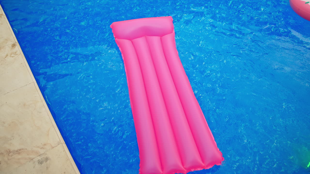 Long pink inflatable mattress in the blue water. Mattress drifting by the water in the swimming pool. View from top.