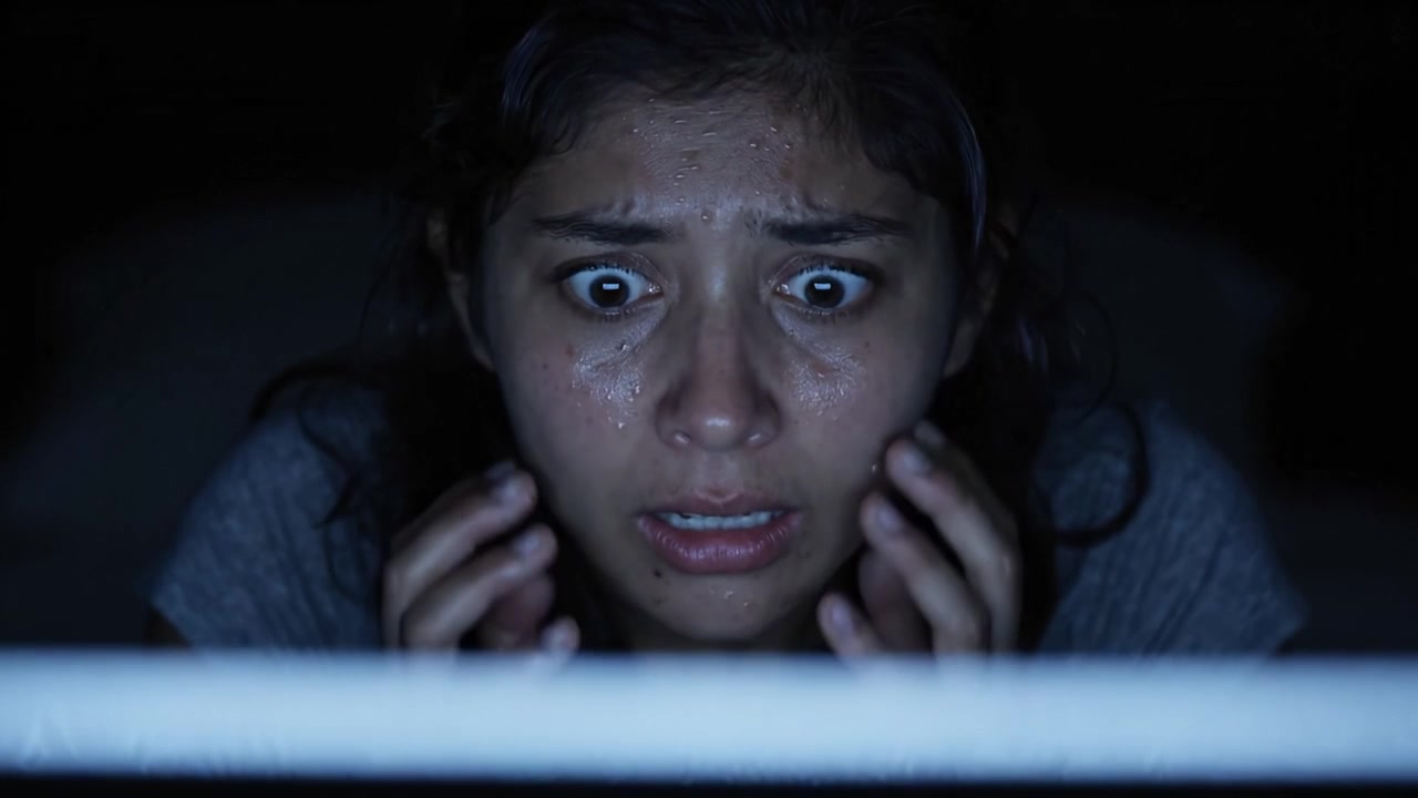 A Young Woman's Gripping Emotional Turmoil Highlighted as She Stares at a Screen, Desperately Struggling with Fear and Anxiety in a Darkened Room