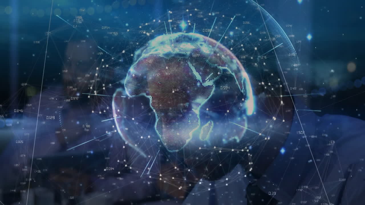 Animation of digital globe with network connections and data points in background
