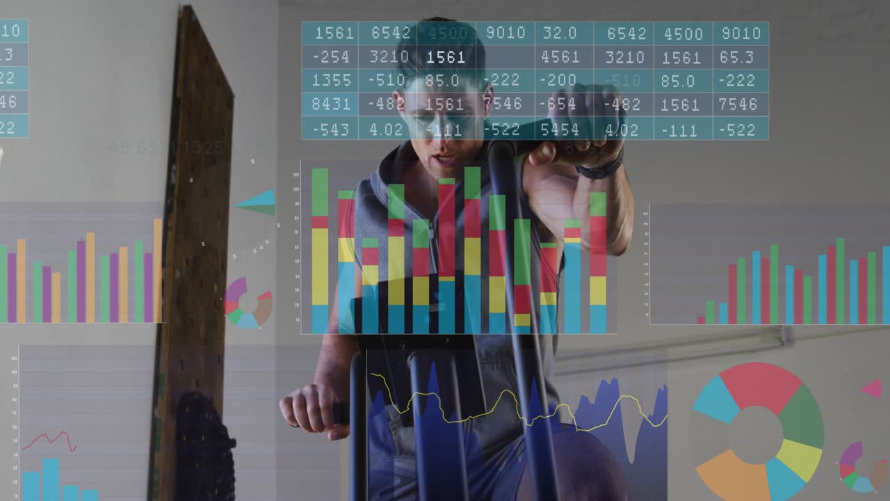 Man pressing console and pedaling in home fitness studio, animated charts tracking workout metrics