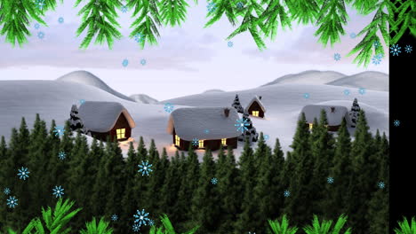 green tree branches and snowflakes falling over multiple trees and houses on winter landscape