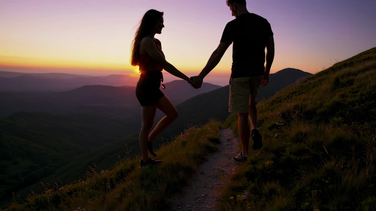 Couple Hiking at Sunset in the Mountains