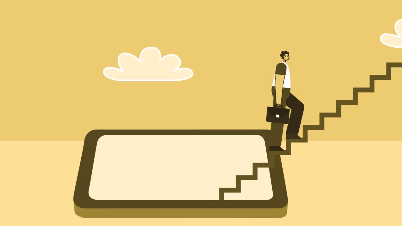 hombre de estilo amarillo con maletín personaje plano subiendo escaleras desde el teléfono inteligente. animación de bucle aislado con canal alfa