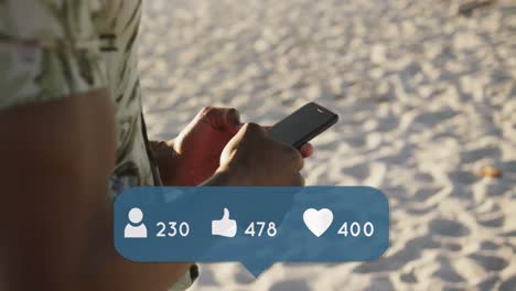 animación de personas, pulgares hacia arriba y iconos de corazón con números sobre el hombre usando un teléfono inteligente en la playa