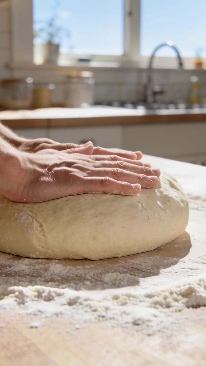 Vertical video: Placing hands on dough baker shaping dough at home on floured counter for baking