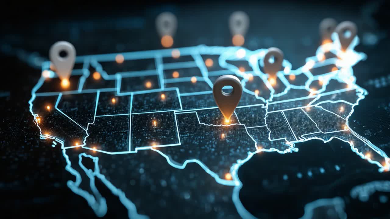 Interactive Digital Map Featuring Geographic Markers Across the United States, Highlighting Key Locations with Illuminated Pinpoints and Geographic Data Visualization