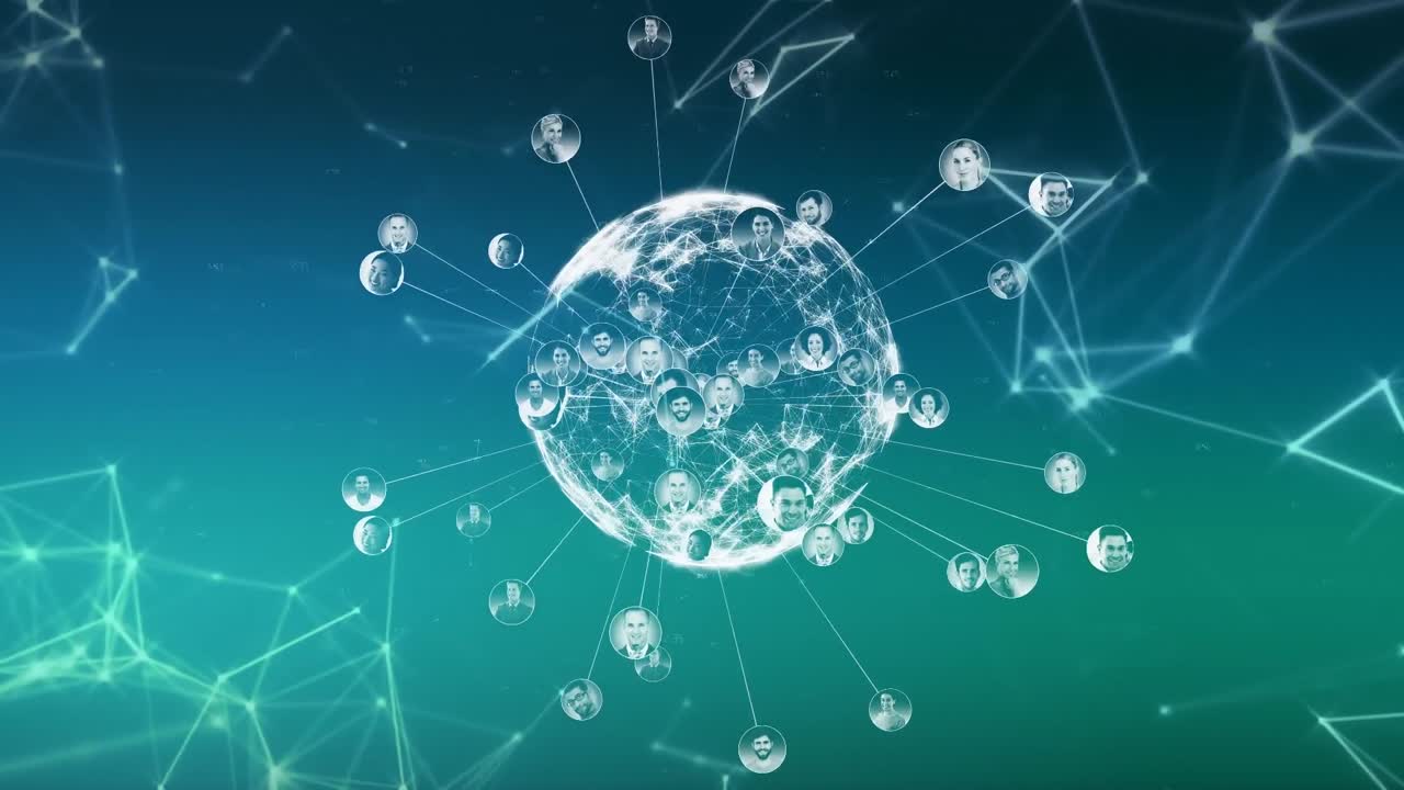 전 세계에 있는 프로필 사진의 애니메이션과 그라디언트 배경에 모양을 형성하는 연결된 점