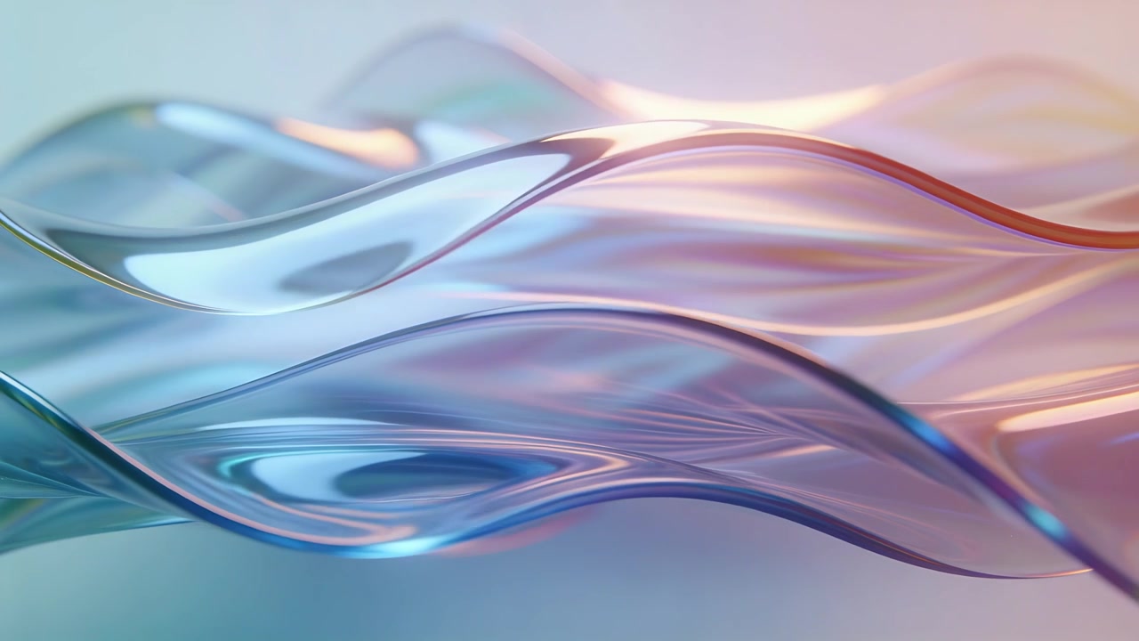 Undulating glass ribbon sheets responding to lights, shifting crests and reflections in studio