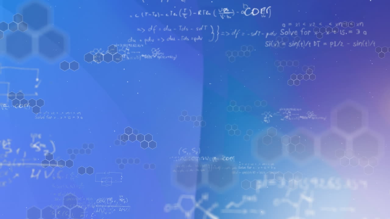 animación de hexágonos y ecuaciones matemáticas en fondo azul