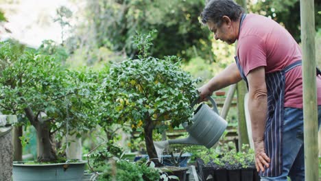 Jardinero-Masculino-Caucásico-Regando-Plantas-En-El-Centro-De-Jardinería