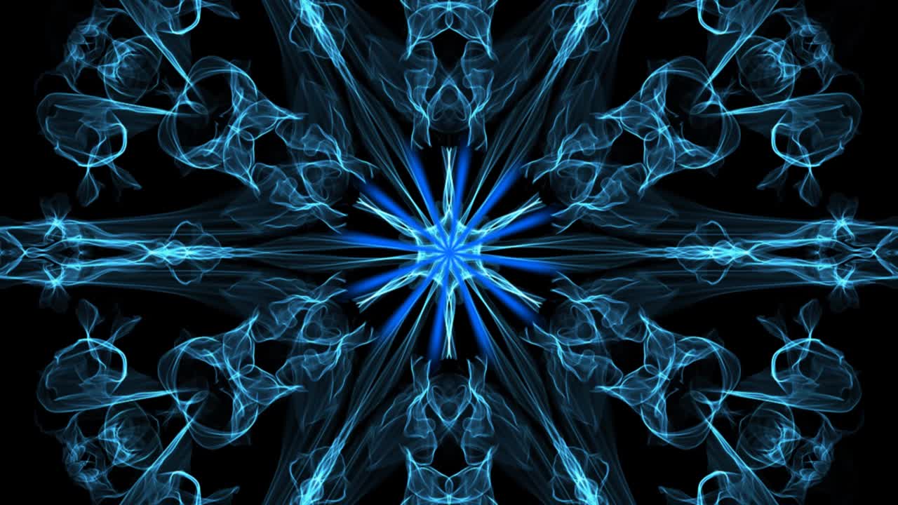 ornamento cuadrado fractal blanco y azul sobre fondo negro. movimiento calmante lento, rayos azules en el medio de la composición