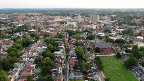 Rising-aerial-establishing-shot-of-downtown-Lancaster,-Pennsylvania,-USA