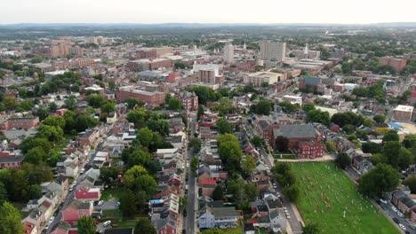 rising aerial establishing shot of downtown lancaster, pennsylvania, usa