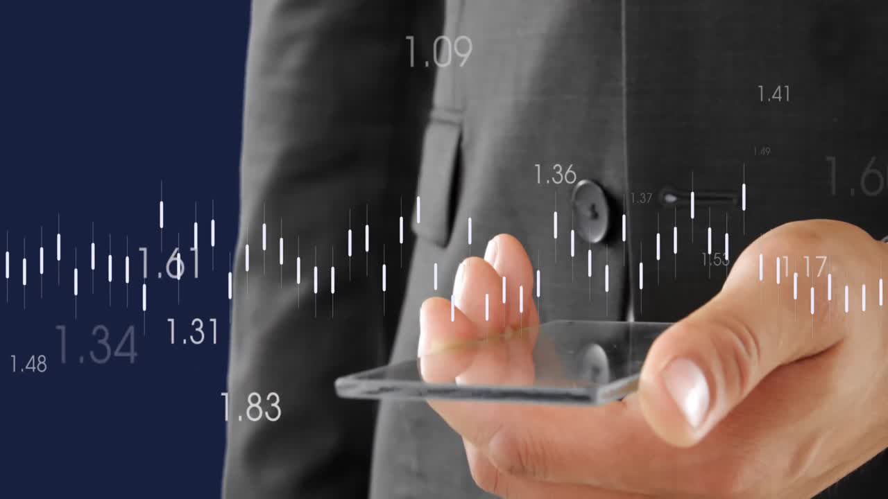 스마트폰과 데이터 프로세싱을 가진 백인 사업가의 애니메이션