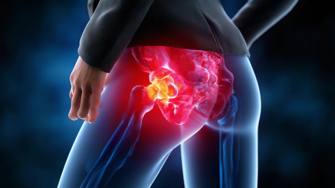 A Detailed Visualization of Hip Pain and Anatomical Structures Highlighting the Pelvic Region in Radiant Colors
