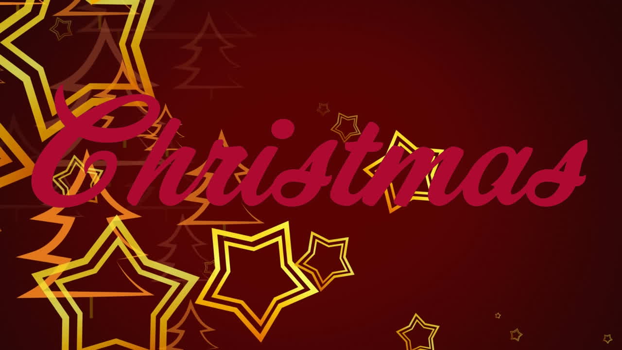 animación de estrellas iconos de árboles de navidad flotando sobre el texto de navidad pancarta en fondo rojo