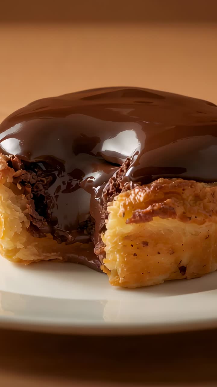 Vertical video: Showing ganache settling on pastry revealing custard after removal on white plate