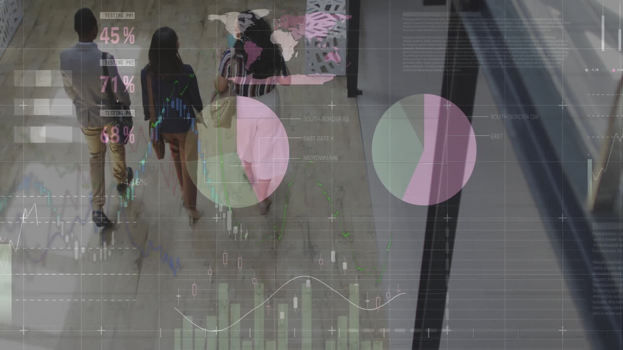 animación del procesamiento de datos financieros sobre diversas personas de negocios en la oficina