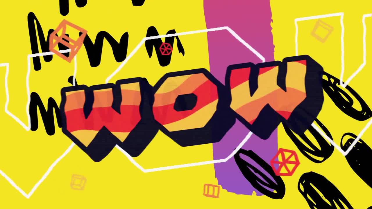 노란색 배경에 활기찬 추상적인 모양 위에 빨간색, 오렌지색 및 노란색으로 와우 텍스트의 애니메이션