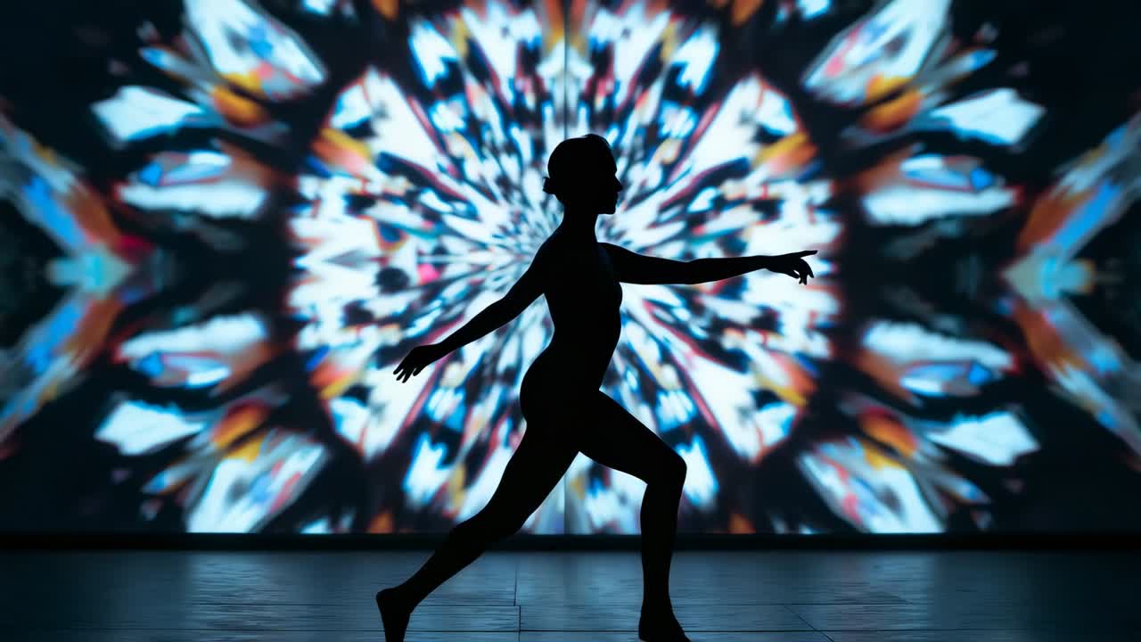Starting on dark stage female dancer stepping forward on tiptoes across floor, kaleidoscopic screen