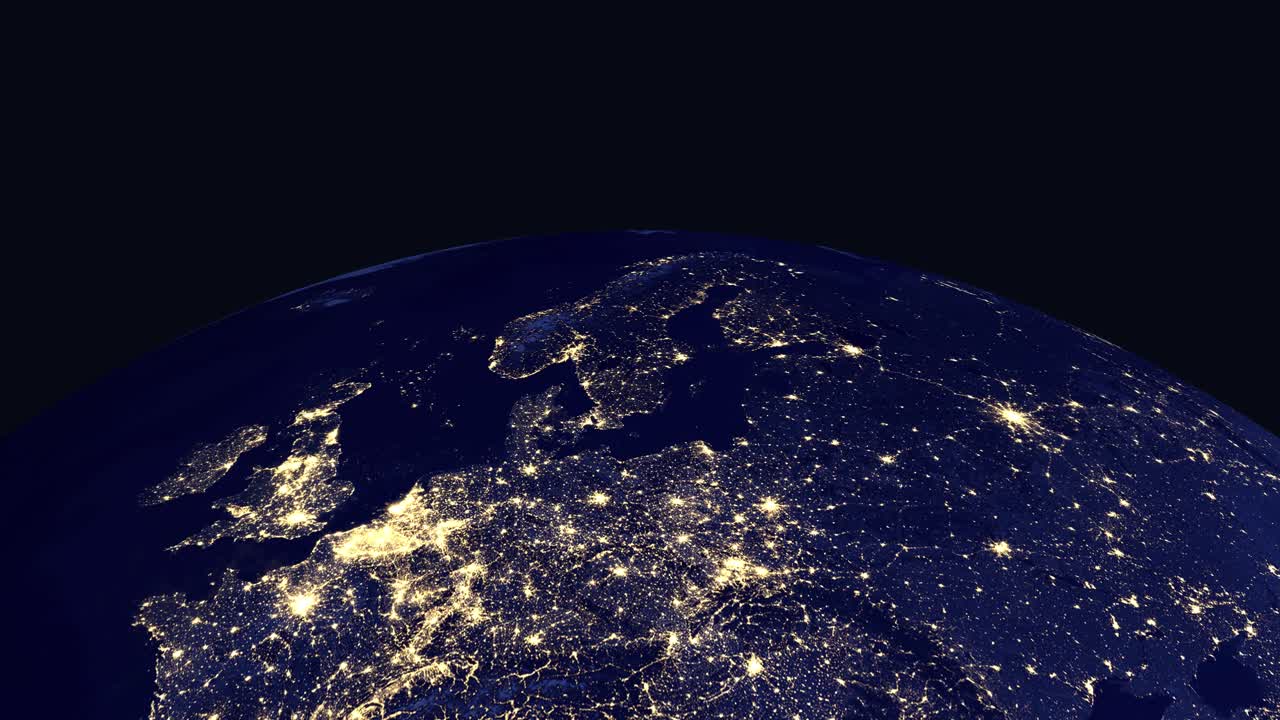 Digital globe rotates and zooms into illuminated European cities at night with country labels