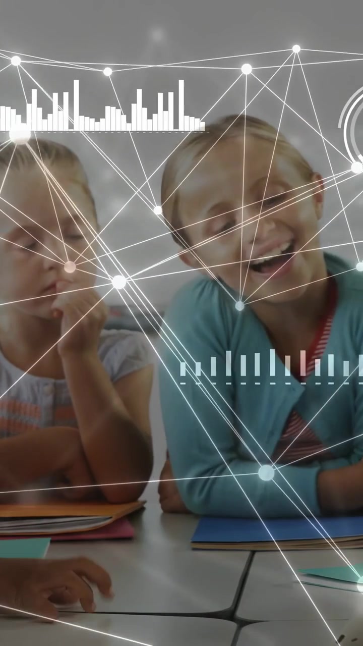 Vertical video: Pupils shifting, reacting during lesson as HUD overlay animating pulsing metrics