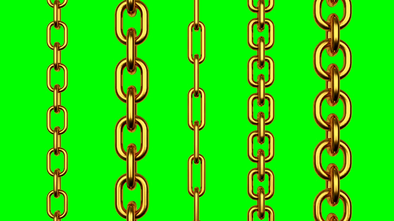 3D animation of golden chains rotate on green screen. 4K