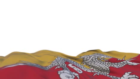bandera de tela de bután ondeando en el bucle del viento. bordado de bután costurado estandarte de tela balanceándose en la brisa. fondo blanco medio lleno. lugar para el texto. bucle de 20 segundos.