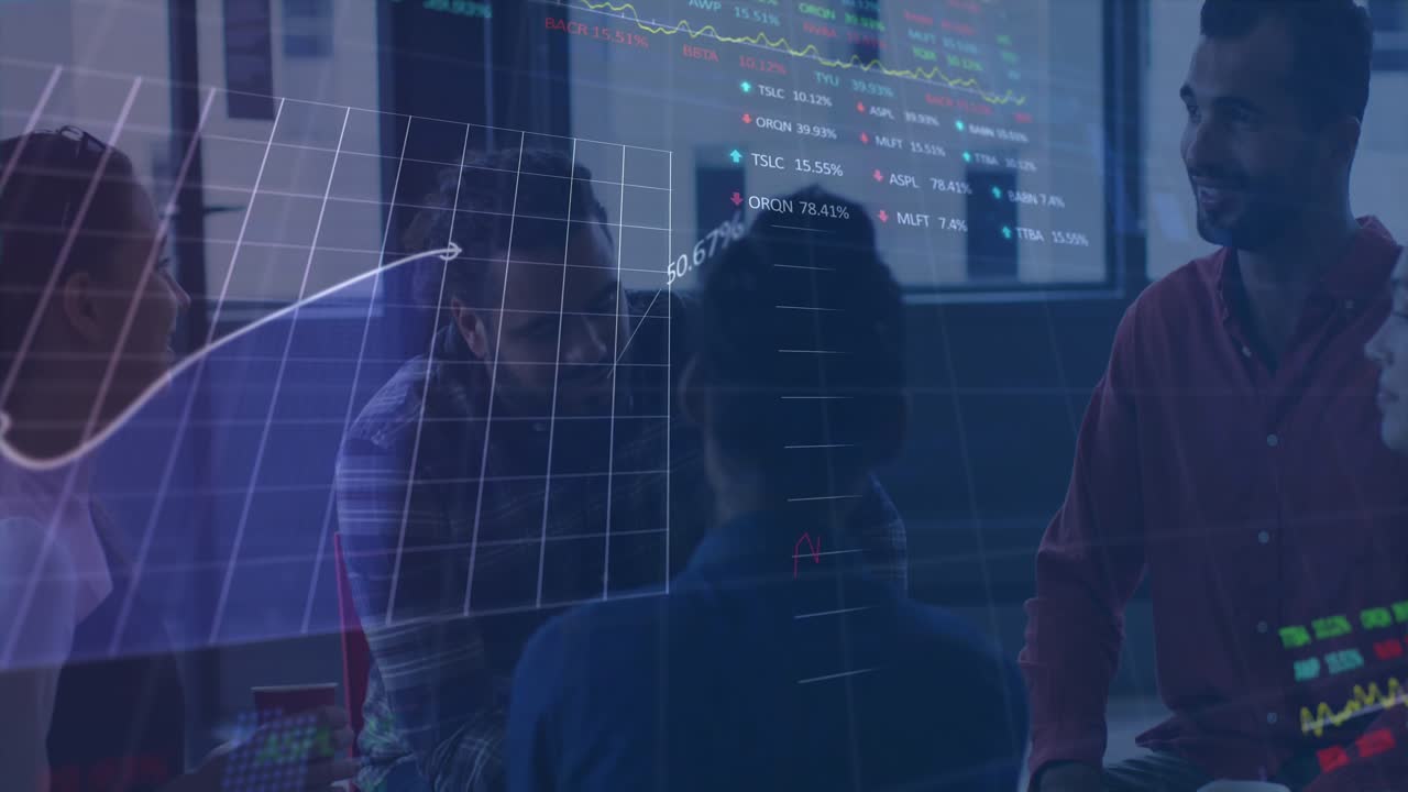 Animation of financial data processing over diverse people in office