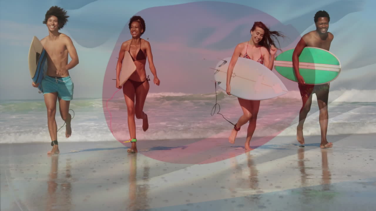 Running with surfboards, group of friends on sunny beach enjoying animation