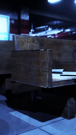 wooden benches in a dark waiting area