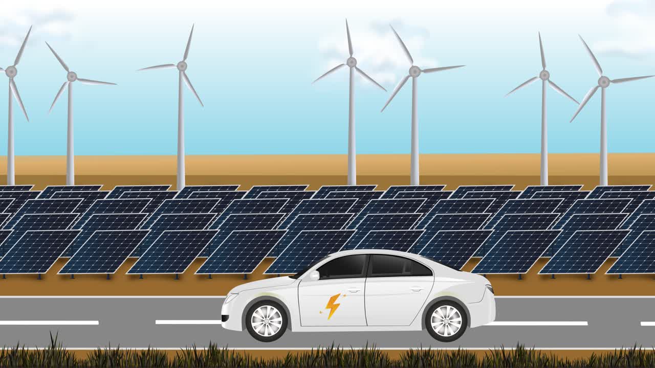 Animated Electric Car Shown Driving on a Road with Windmills and Solar Panel Promoting Green Energy
