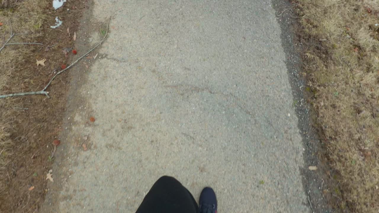 Kuru kış otları ve kar öbekleriyle çevrili bir yürüyüş parkuru veya toprak yolun sinematik yukarıdan aşağıya çekimi.