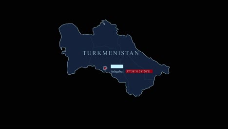 blue turkmenistan map with ashgabat capital city and geographic coordinates on black background