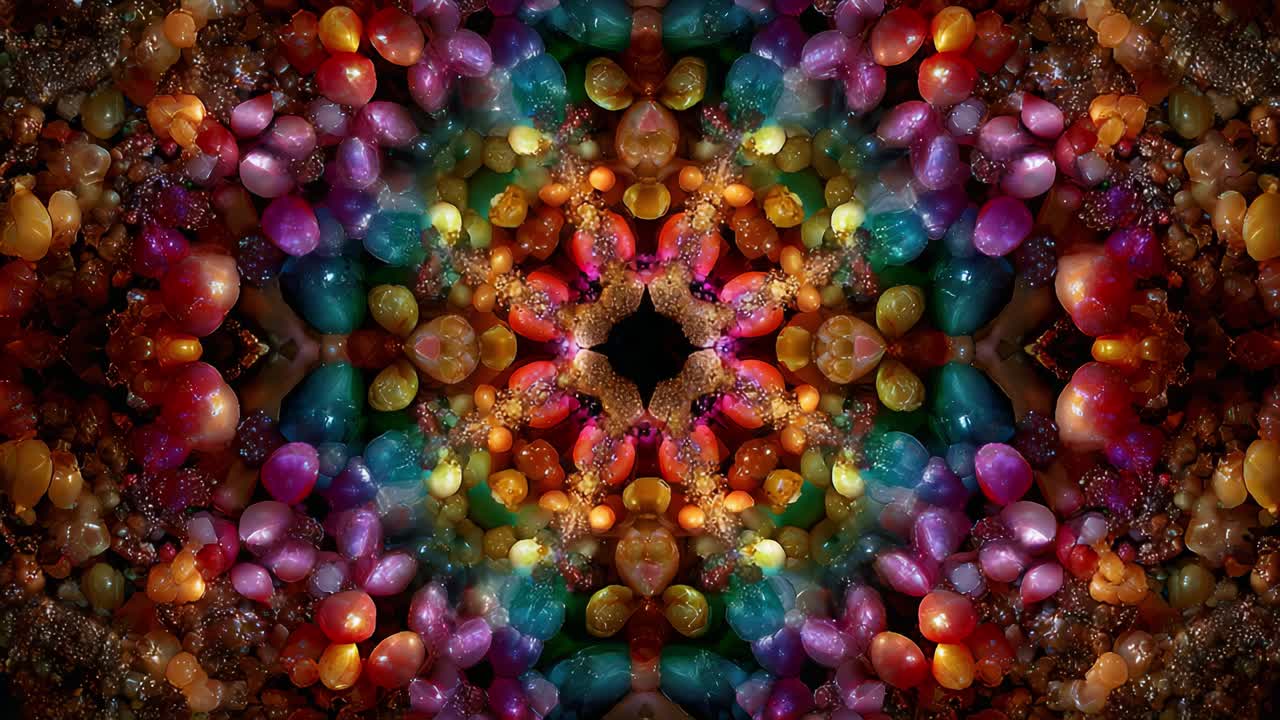 A mesmerizing kaleidoscope of colorful orbs and shimmering textures, creating an intricate pattern that captivates the eye, inviting viewers into a vibrant and enchanting world of visual splendor