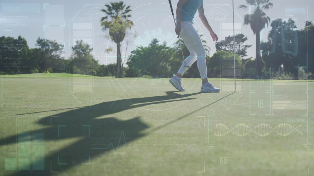 Golfer placing ball on green with data processing animation overlay