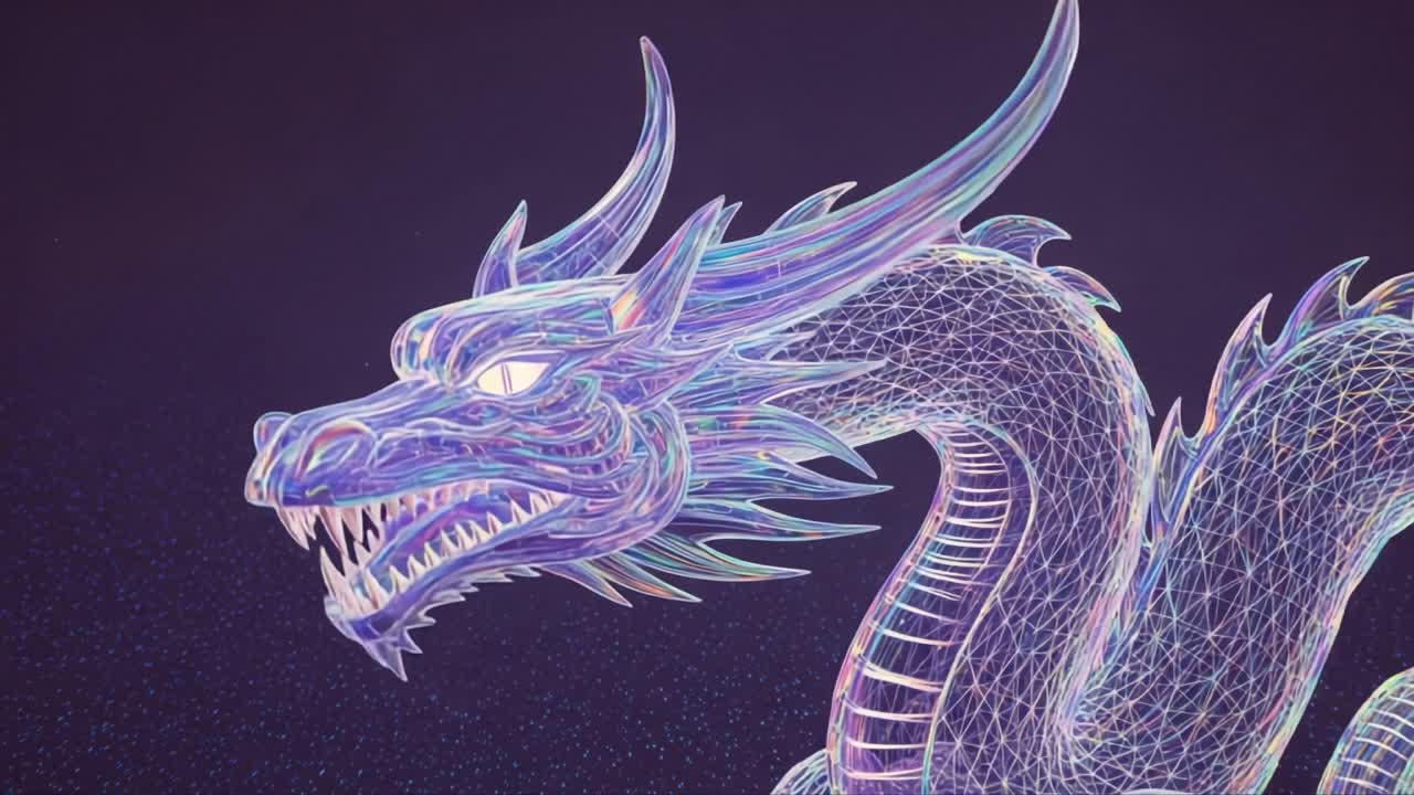 An Intricately Designed Digital Dragon Rendering Showcasing a Stunning Fusion of Colors, Form, and Fantasy in a Mesmerizing Wireframe Art Style