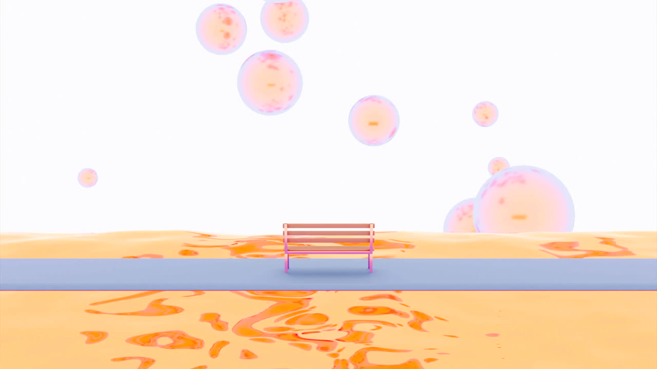파스텔 장면에서 거품과 함께 분홍색 벤치