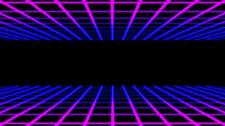 Animazione di una schermata di videogioco con linee a griglia luminose dal rosa al blu che si muovono su sfondo nero.