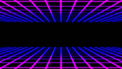 Animation-of-video-game-screen-with-pink-to-blue-glowing-grid-lines-moving-on-black-background.-Colo