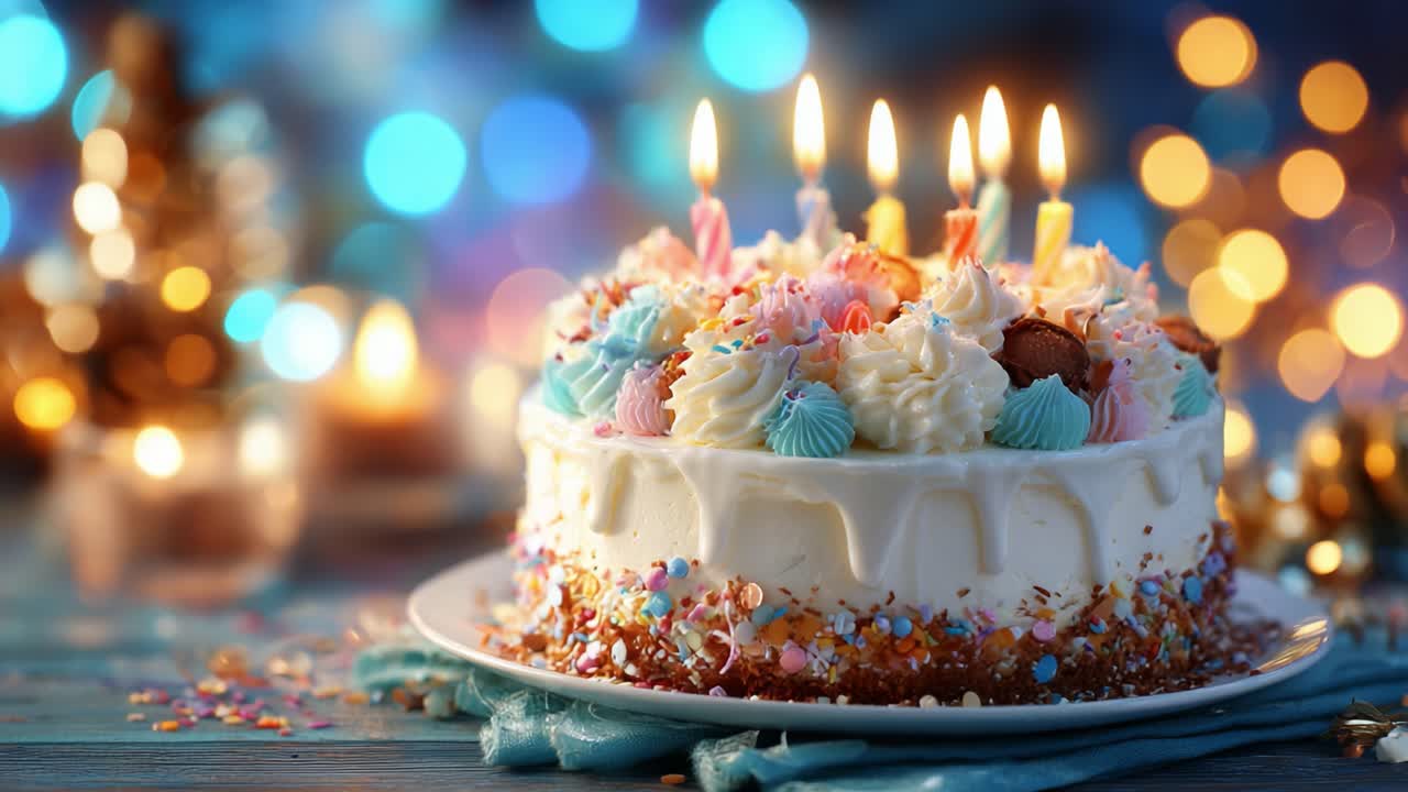 Celebrating Joyful Moments with a Beautifully Decorated Cake Surrounded by Glowing Candles and Colorful Bokeh Lights, Perfect for Birthdays or Special Occasions