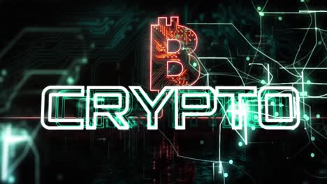 animación de texto criptográfico sobre el ícono de bitcoin con placa de circuito de computadora en fondo negro
