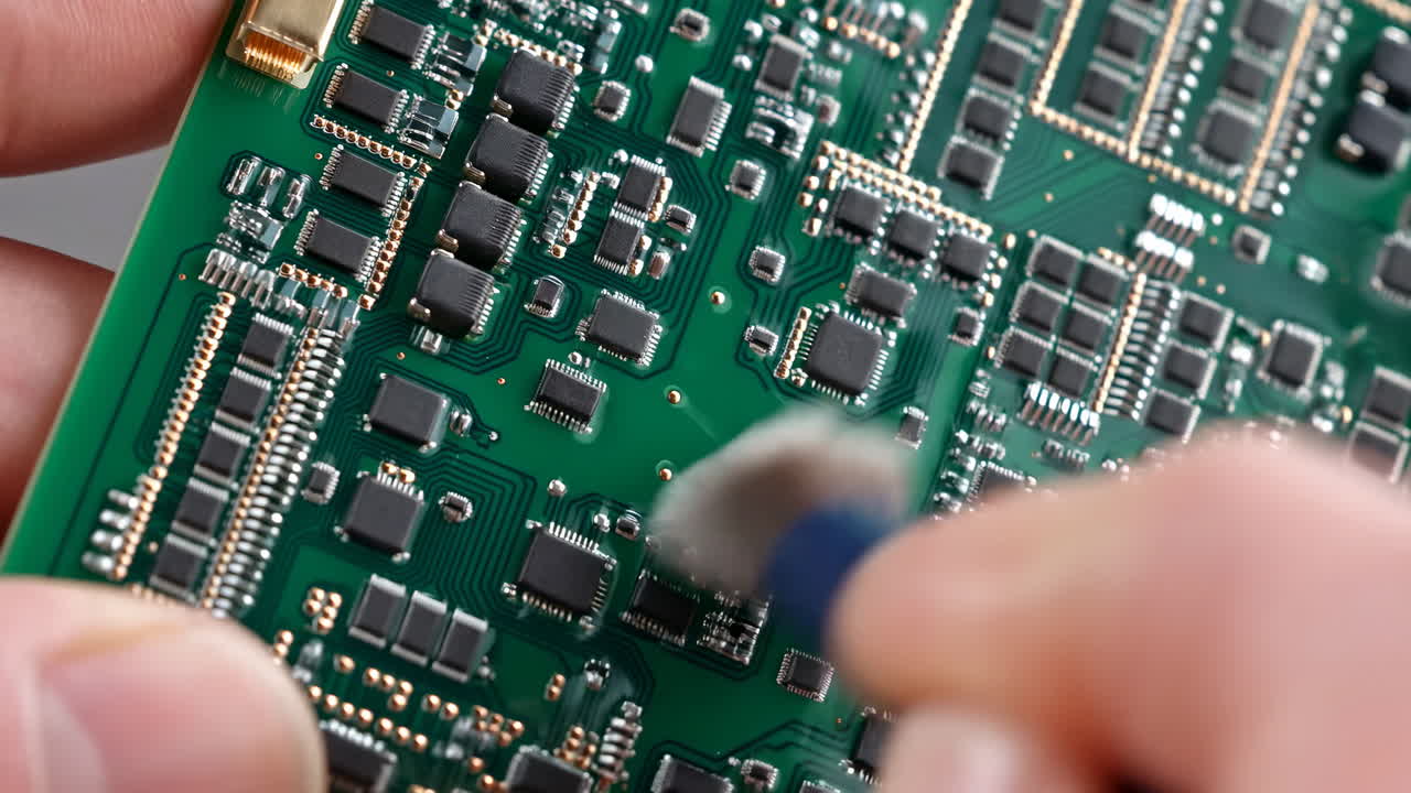 Hand Cleaning a Green Circuit Board with a Small Brush