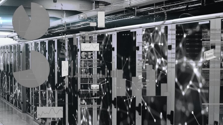 Animation of statistical data processing and network of connections over computer server room