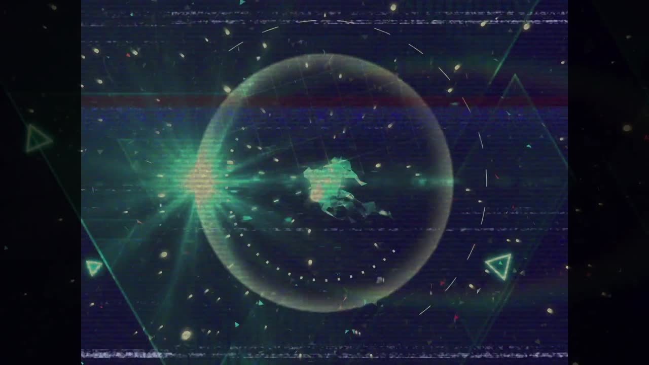 보라색에 글리치 라인, 기하학적 그림 및 연결의 네트워크와 함께 화면의 애니메이션